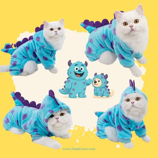 Blue Monster Design Pet Onesie – Soft Flannel Four-Leg Winter Jumpsuit for Small & Medium Dogs & Cats (Blue)