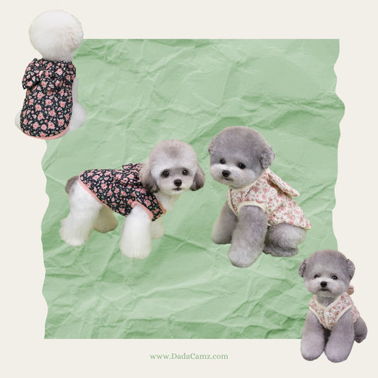 Korean & Japanese Style Floral Padded Pet Vest with Leash Ring – Sleeveless Winter Jacket for Small & Medium Dogs & Cats (Black, Off-White)