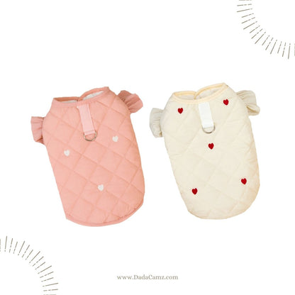 Minimalist Padded Pet Vest with Leash Ring – Heart Pattern Winter Jacket for Small & Medium Dogs & Cats (Pink, Off-White)