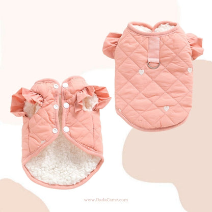 Minimalist Padded Pet Vest with Leash Ring – Heart Pattern Winter Jacket for Small & Medium Dogs & Cats (Pink, Off-White)