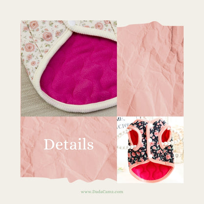 Korean & Japanese Style Floral Padded Pet Vest with Leash Ring – Sleeveless Winter Jacket for Small & Medium Dogs & Cats (Black, Off-White)