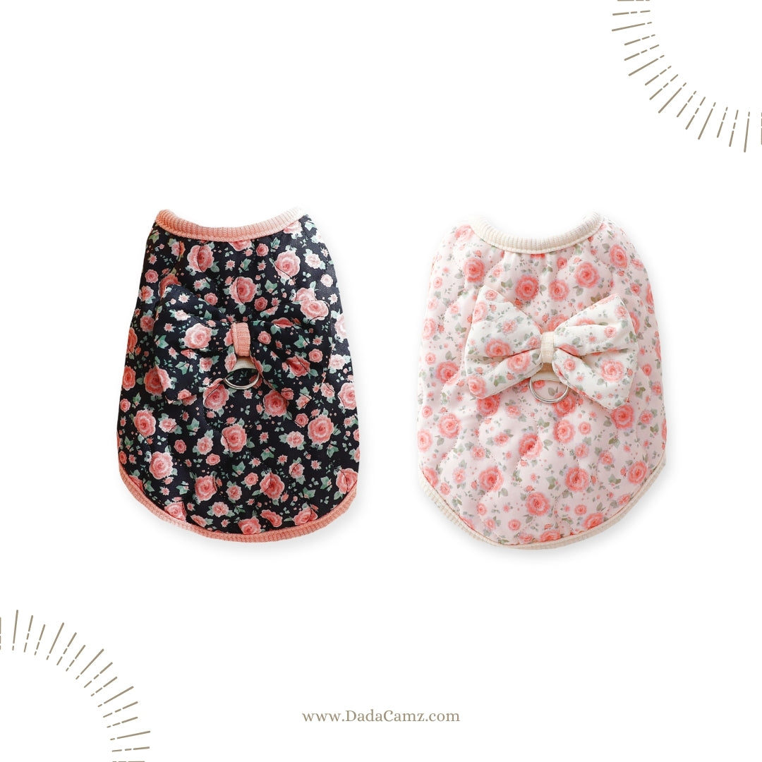 Korean & Japanese Style Floral Padded Pet Vest with Leash Ring – Sleeveless Winter Jacket for Small & Medium Dogs & Cats (Black, Off-White)