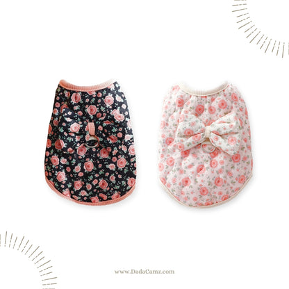 Korean & Japanese Style Floral Padded Pet Vest with Leash Ring – Sleeveless Winter Jacket for Small & Medium Dogs & Cats (Black, Off-White)