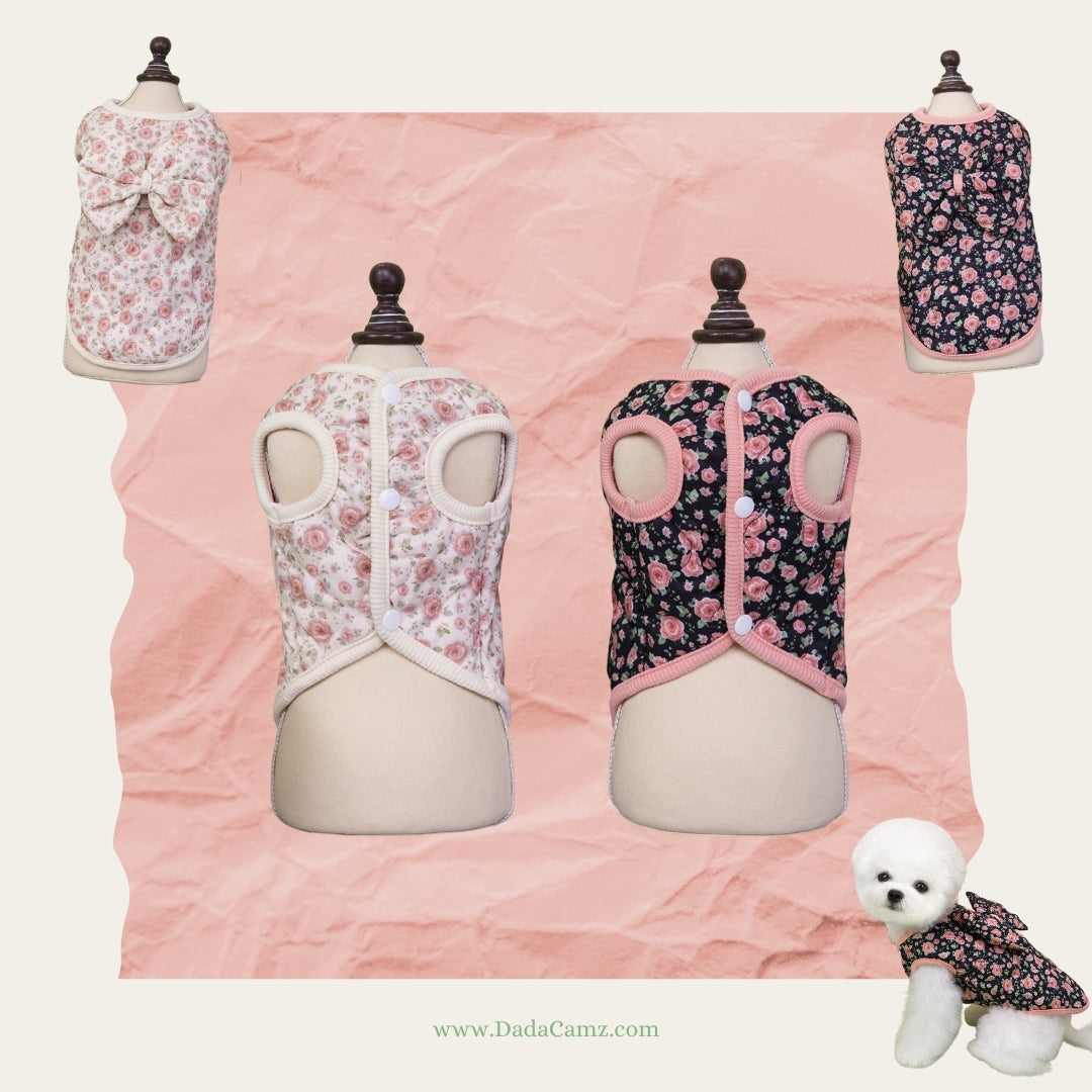 Korean & Japanese Style Floral Padded Pet Vest with Leash Ring – Sleeveless Winter Jacket for Small & Medium Dogs & Cats (Black, Off-White)