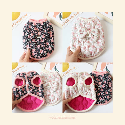 Korean & Japanese Style Floral Padded Pet Vest with Leash Ring – Sleeveless Winter Jacket for Small & Medium Dogs & Cats (Black, Off-White)