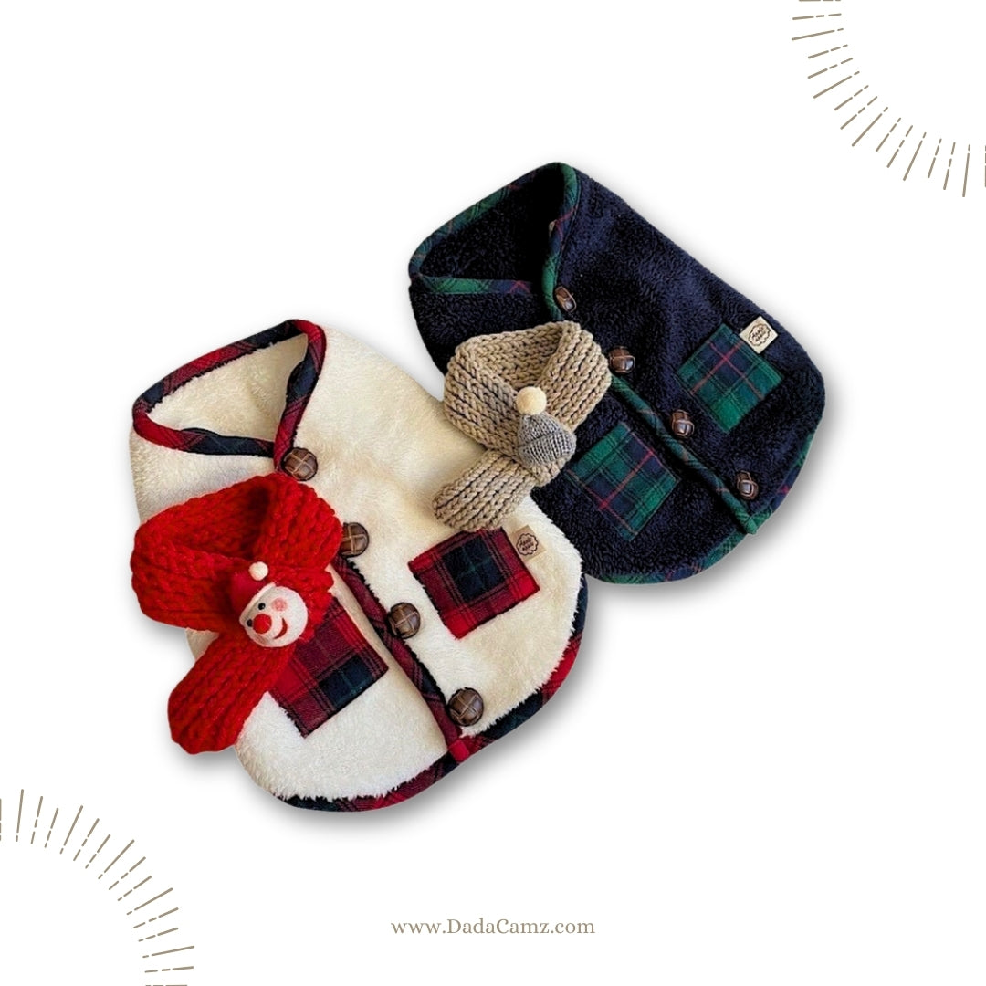 Fleece Pet Vest for Fall & Winter – Warm Soft Plush Coat with Free Scarf for Small & Medium Dogs & Cats (White, Navy)