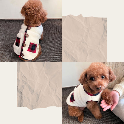 Fleece Pet Vest for Fall & Winter – Warm Soft Plush Coat with Free Scarf for Small & Medium Dogs & Cats (White, Navy)