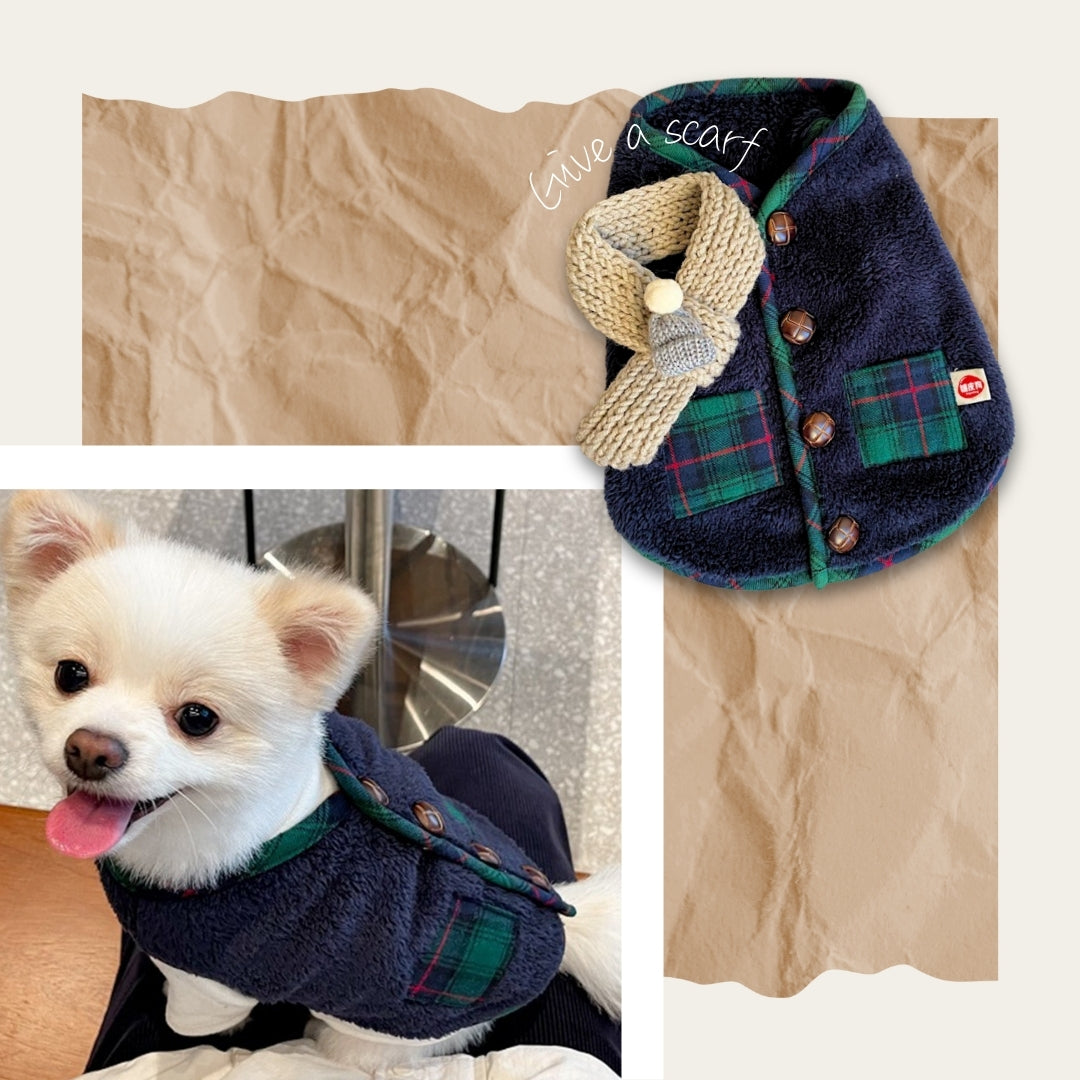 Fleece Pet Vest for Fall & Winter – Warm Soft Plush Coat with Free Scarf for Small & Medium Dogs & Cats (White, Navy)