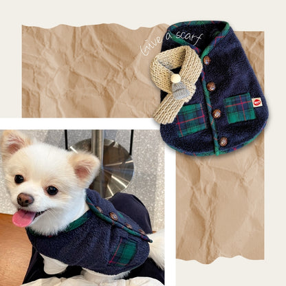 Fleece Pet Vest for Fall & Winter – Warm Soft Plush Coat with Free Scarf for Small & Medium Dogs & Cats (White, Navy)
