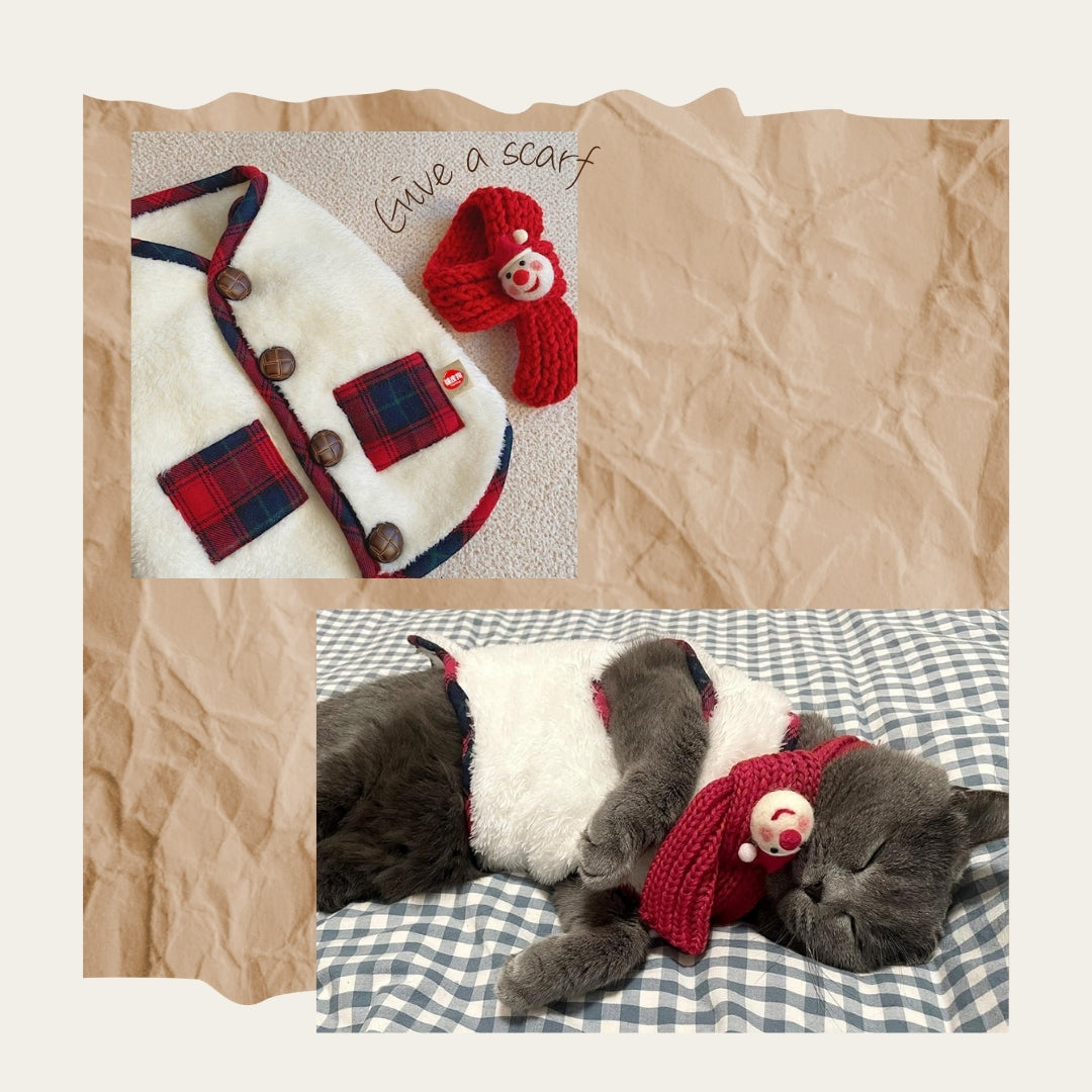 Fleece Pet Vest for Fall & Winter – Warm Soft Plush Coat with Free Scarf for Small & Medium Dogs & Cats (White, Navy)