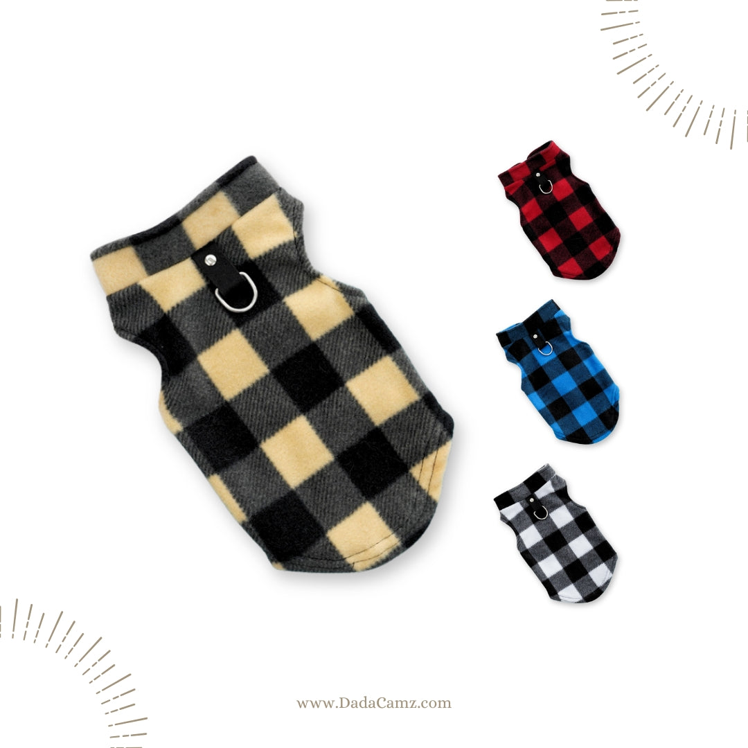 Plaid Fleece Pet Vest with Leash D-Ring – Warm Fall & Winter Jacket for Small & Medium Dogs & Cats (Yellow/Black, Red/Black, Blue/Black, White/Black)