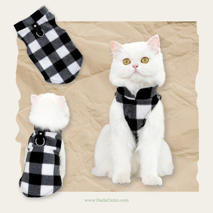 Plaid Fleece Pet Vest with Leash D-Ring – Warm Fall & Winter Jacket for Small & Medium Dogs & Cats (Yellow/Black, Red/Black, Blue/Black, White/Black)