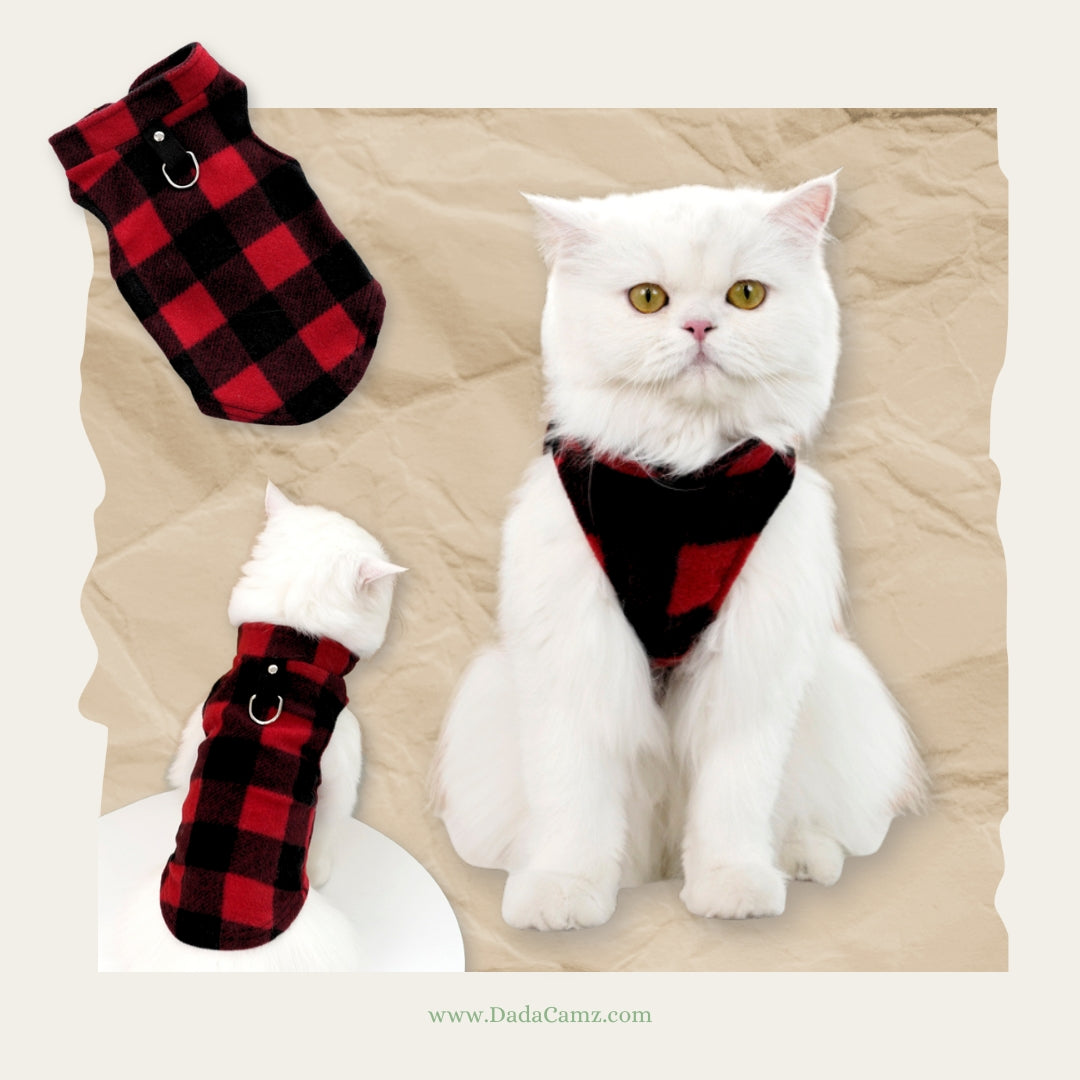 Plaid Fleece Pet Vest with Leash D-Ring – Warm Fall & Winter Jacket for Small & Medium Dogs & Cats (Yellow/Black, Red/Black, Blue/Black, White/Black)