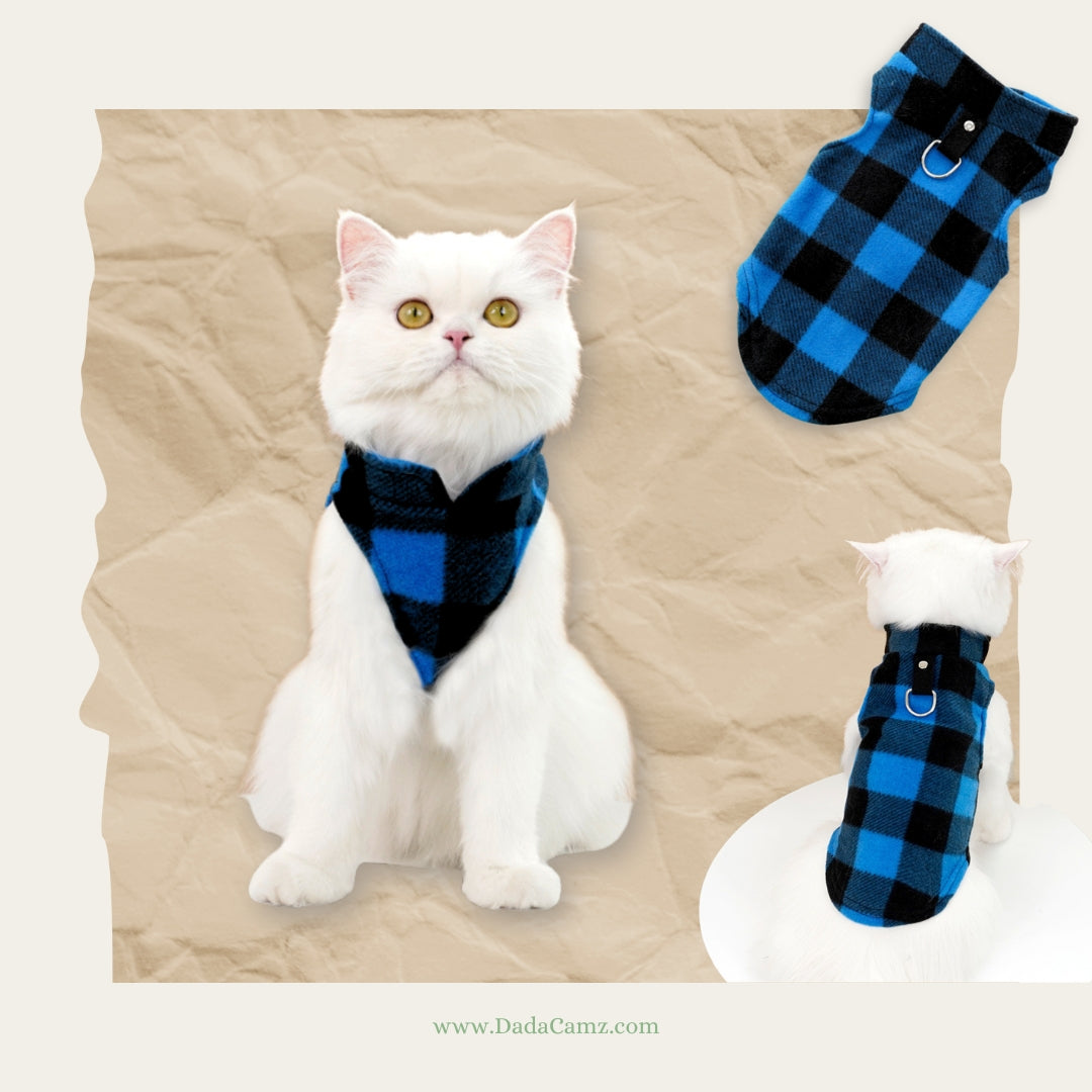 Plaid Fleece Pet Vest with Leash D-Ring – Warm Fall & Winter Jacket for Small & Medium Dogs & Cats (Yellow/Black, Red/Black, Blue/Black, White/Black)