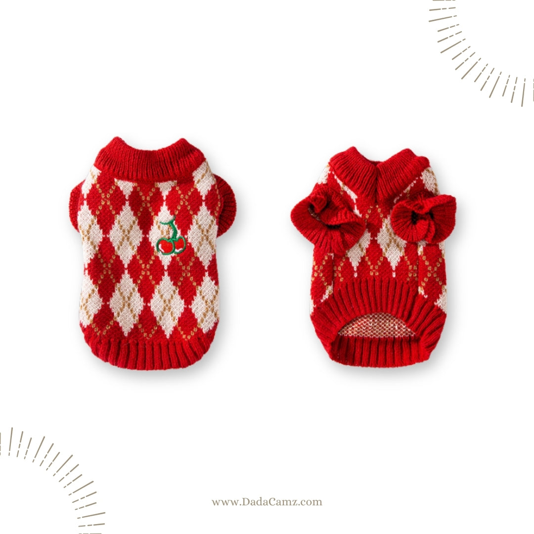 Cherry Pattern Knitted Pet Sweater – Argyle Pullover for Small & Medium Dogs & Cats (Red)