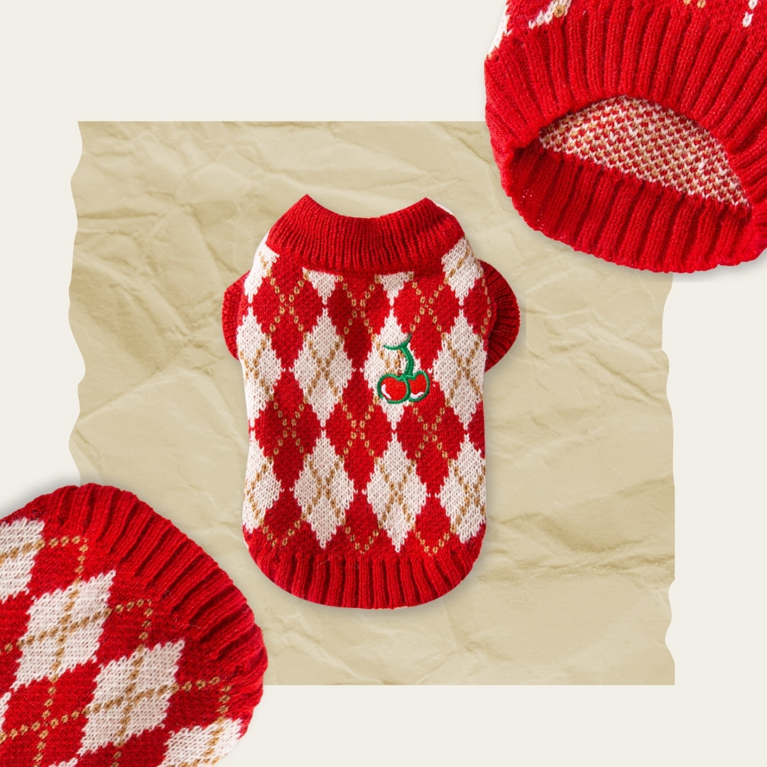 Cherry Pattern Knitted Pet Sweater – Argyle Pullover for Small & Medium Dogs & Cats (Red)