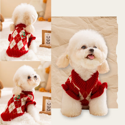 Cherry Pattern Knitted Pet Sweater – Argyle Pullover for Small & Medium Dogs & Cats (Red)