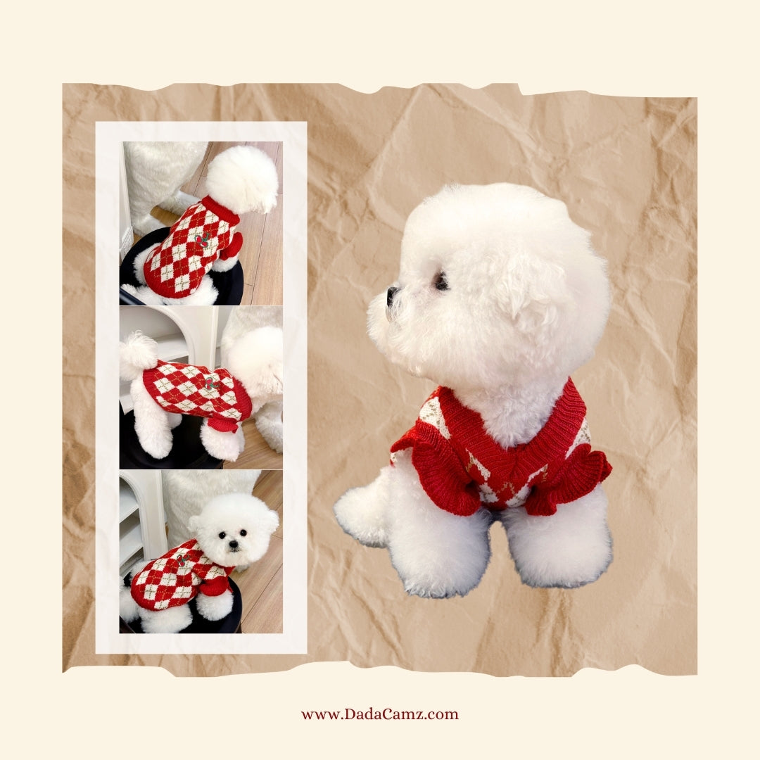 Cherry Pattern Knitted Pet Sweater – Argyle Pullover for Small & Medium Dogs & Cats (Red)