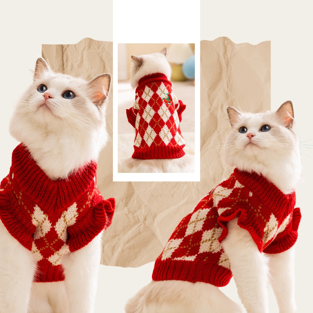 Cherry Pattern Knitted Pet Sweater – Argyle Pullover for Small & Medium Dogs & Cats (Red)