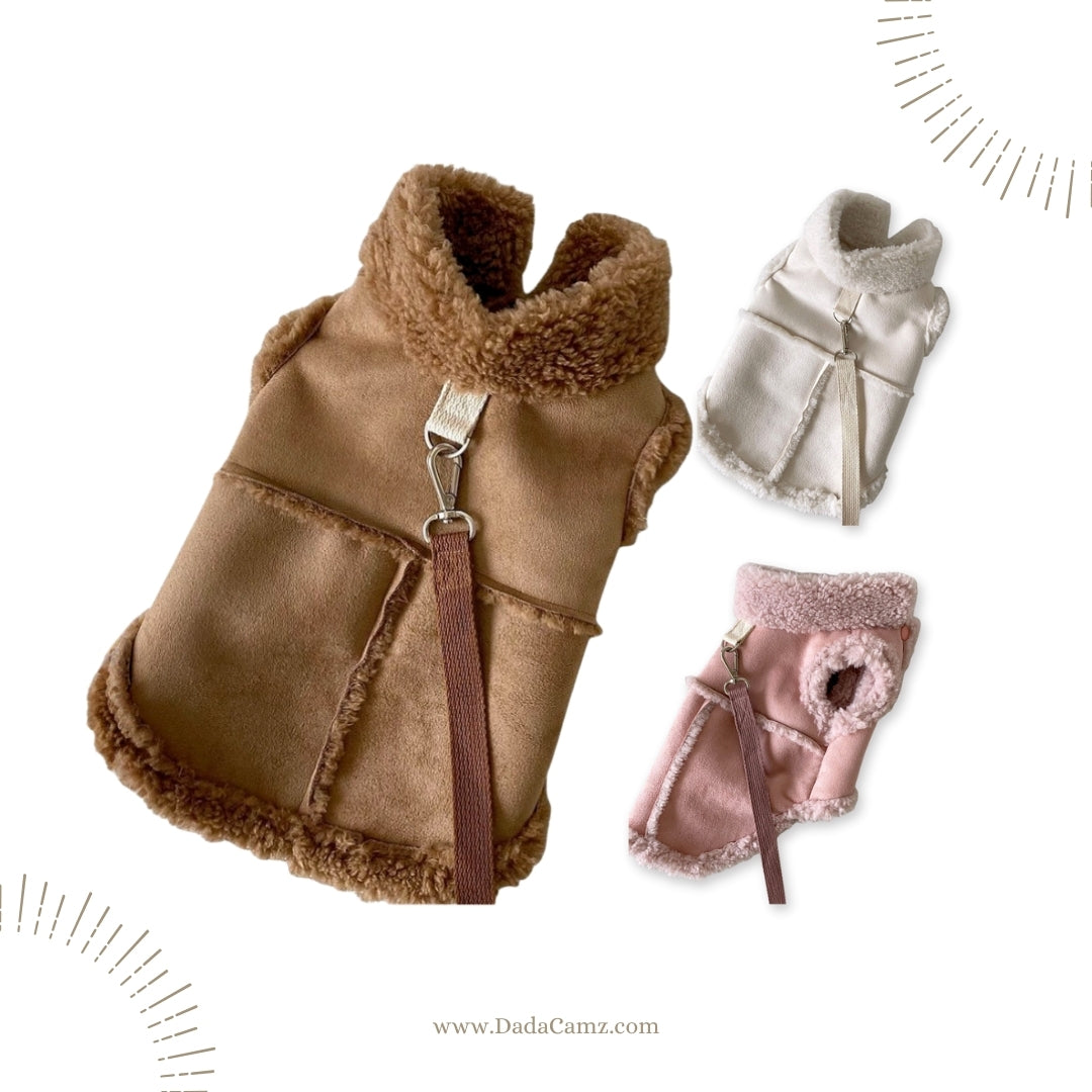 Pet Coat for Fall & Winter with Leash Attachment – Warm Jacket Vest for Small & Medium Dogss(Brown, White, Pink)