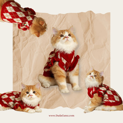 Cherry Pattern Knitted Pet Sweater – Argyle Pullover for Small & Medium Dogs & Cats (Red)