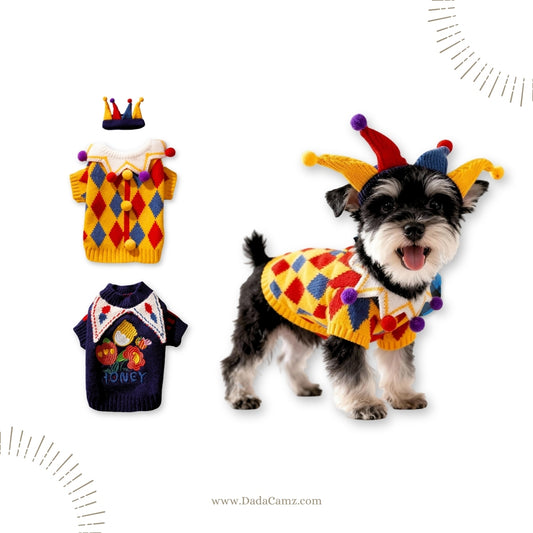 Knitted Pet Sweater with Cute Costume Designs – Jester & Floral Collar Styles for Small & Medium Dogs & Cats (Yellow, Blue)