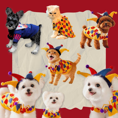 Knitted Pet Sweater with Cute Costume Designs – Jester & Floral Collar Styles for Small & Medium Dogs & Cats (Yellow, Blue)
