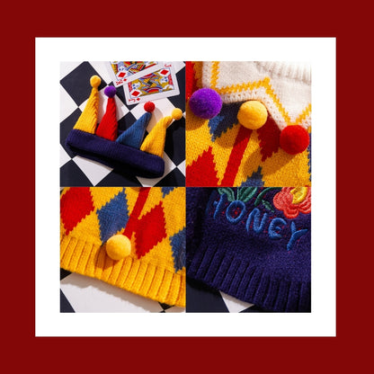 Knitted Pet Sweater with Cute Costume Designs – Jester & Floral Collar Styles for Small & Medium Dogs & Cats (Yellow, Blue)