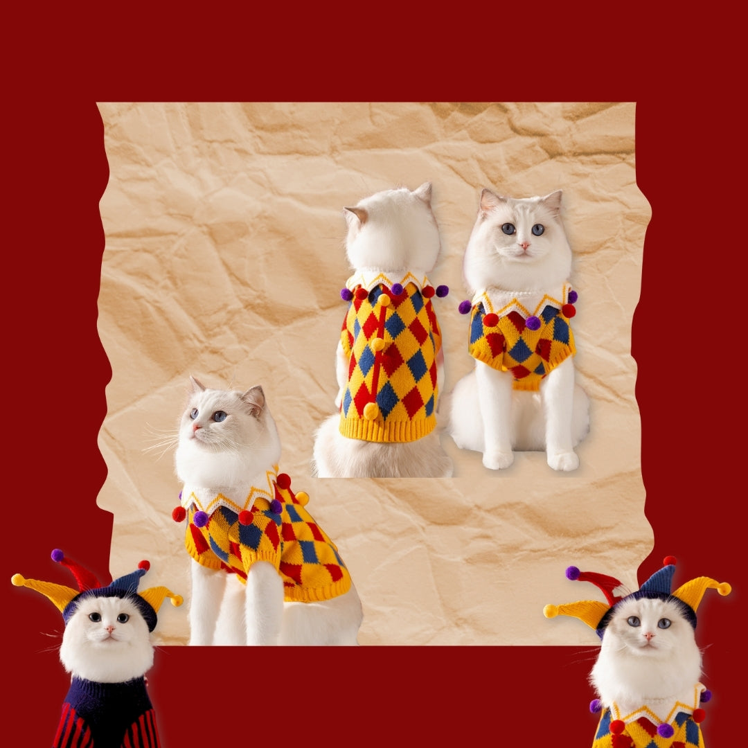 Knitted Pet Sweater with Cute Costume Designs – Jester & Floral Collar Styles for Small & Medium Dogs & Cats (Yellow, Blue)