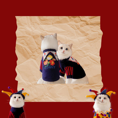 Knitted Pet Sweater with Cute Costume Designs – Jester & Floral Collar Styles for Small & Medium Dogs & Cats (Yellow, Blue)