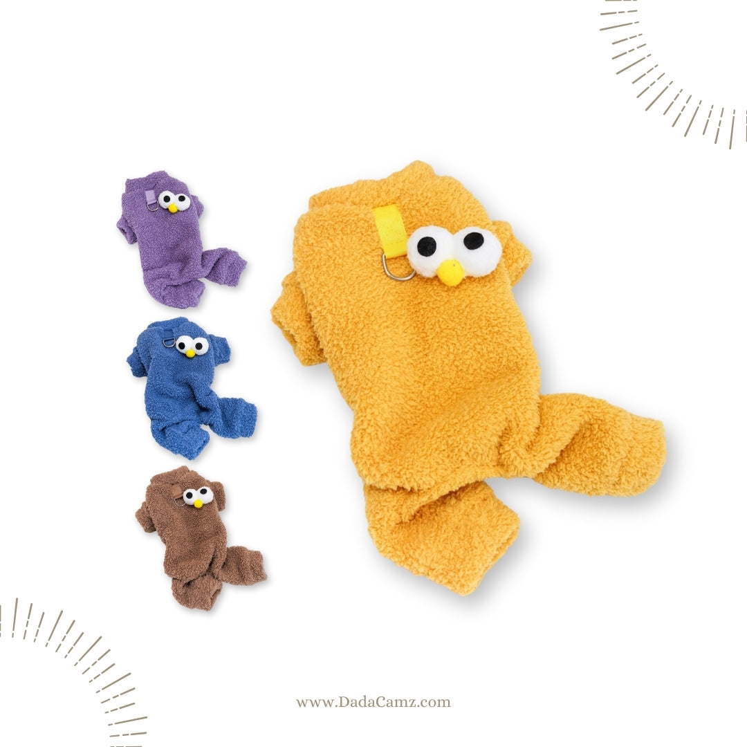 Fleece Pet Jumpsuit with Leash D-Ring – Warm Winter Four-Leg Outfit for Small & Medium Dogs & Cats, Sesame Street Style (Yellow, Purple, Blue, Brown)