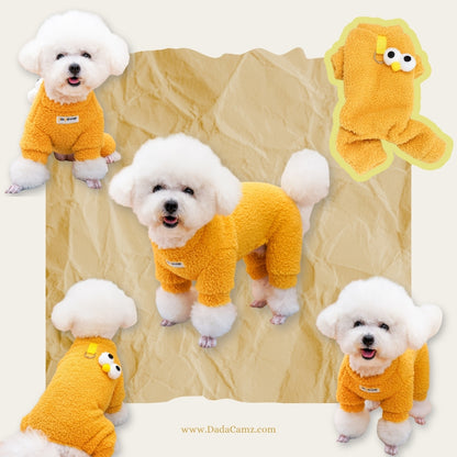 Fleece Pet Jumpsuit with Leash D-Ring – Warm Winter Four-Leg Outfit for Small & Medium Dogs & Cats, Sesame Street Style (Yellow, Purple, Blue, Brown)