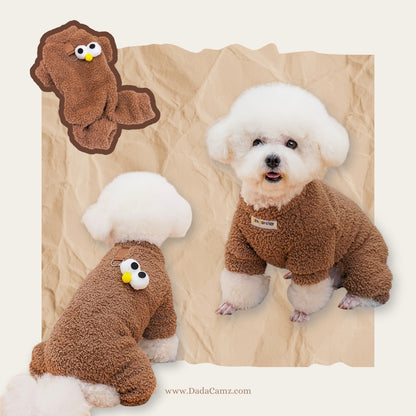 Fleece Pet Jumpsuit with Leash D-Ring – Warm Winter Four-Leg Outfit for Small & Medium Dogs & Cats, Sesame Street Style (Yellow, Purple, Blue, Brown)