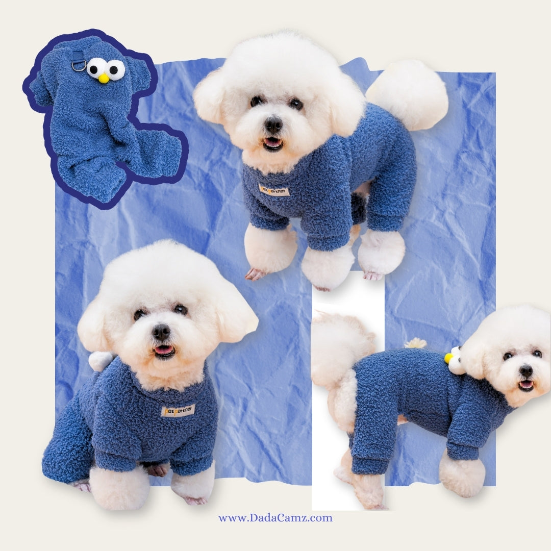 Fleece Pet Jumpsuit with Leash D-Ring – Warm Winter Four-Leg Outfit for Small & Medium Dogs & Cats, Sesame Street Style (Yellow, Purple, Blue, Brown)