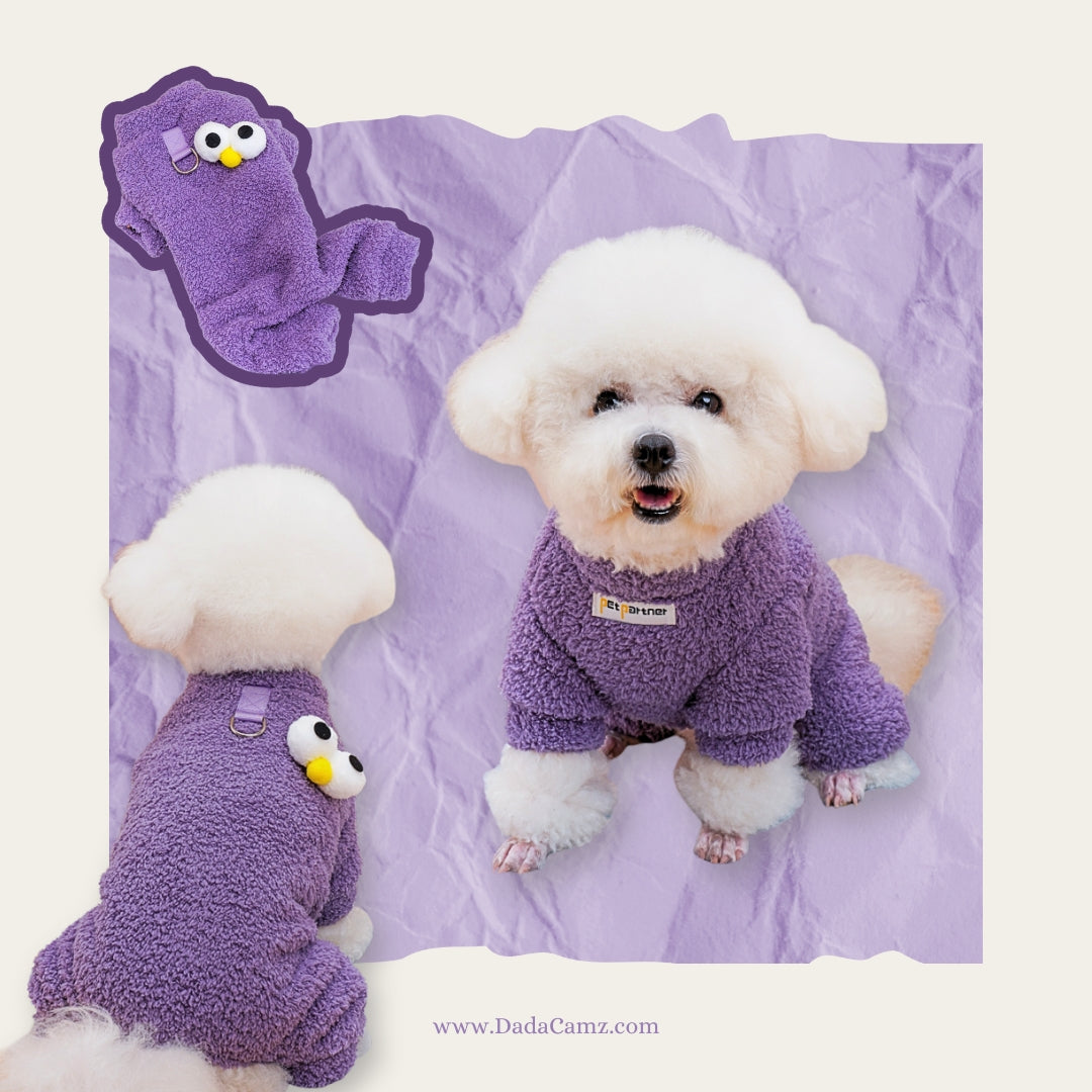 Fleece Pet Jumpsuit with Leash D-Ring – Warm Winter Four-Leg Outfit for Small & Medium Dogs & Cats, Sesame Street Style (Yellow, Purple, Blue, Brown)
