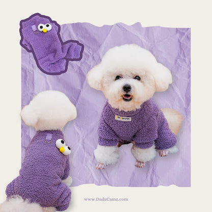 Fleece Pet Jumpsuit with Leash D-Ring – Warm Winter Four-Leg Outfit for Small & Medium Dogs & Cats, Sesame Street Style (Yellow, Purple, Blue, Brown)