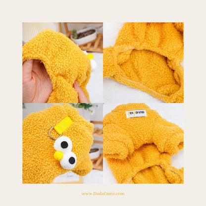 Fleece Pet Jumpsuit with Leash D-Ring – Warm Winter Four-Leg Outfit for Small & Medium Dogs & Cats, Sesame Street Style (Yellow, Purple, Blue, Brown)