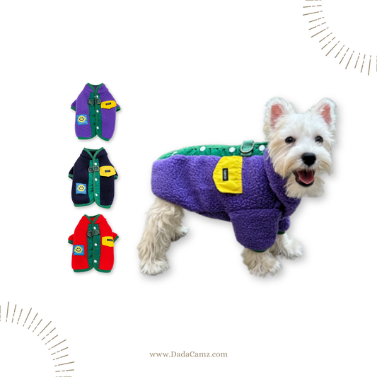 Color-Block Polar Fleece Pet Jacket with Leash Ring – Warm Winter Coat for Small & Medium Dogs & Cats (Purple, Navy Blue, Red)