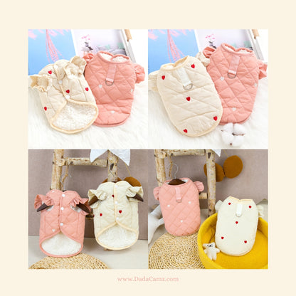 Minimalist Padded Pet Vest with Leash Ring – Heart Pattern Winter Jacket for Small & Medium Dogs & Cats (Pink, Off-White)