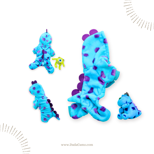 Blue Monster Design Pet Onesie – Soft Flannel Four-Leg Winter Jumpsuit for Small & Medium Dogs & Cats (Blue)