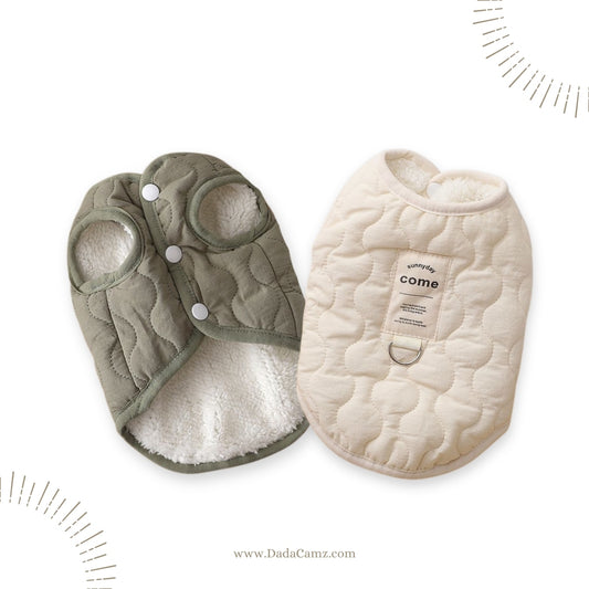 Minimalist Quilted Pet Jacket with Leash Ring – Fleece-Lined Winter Coat for Small & Medium Dogs & Cats (Army Green, Off-White)