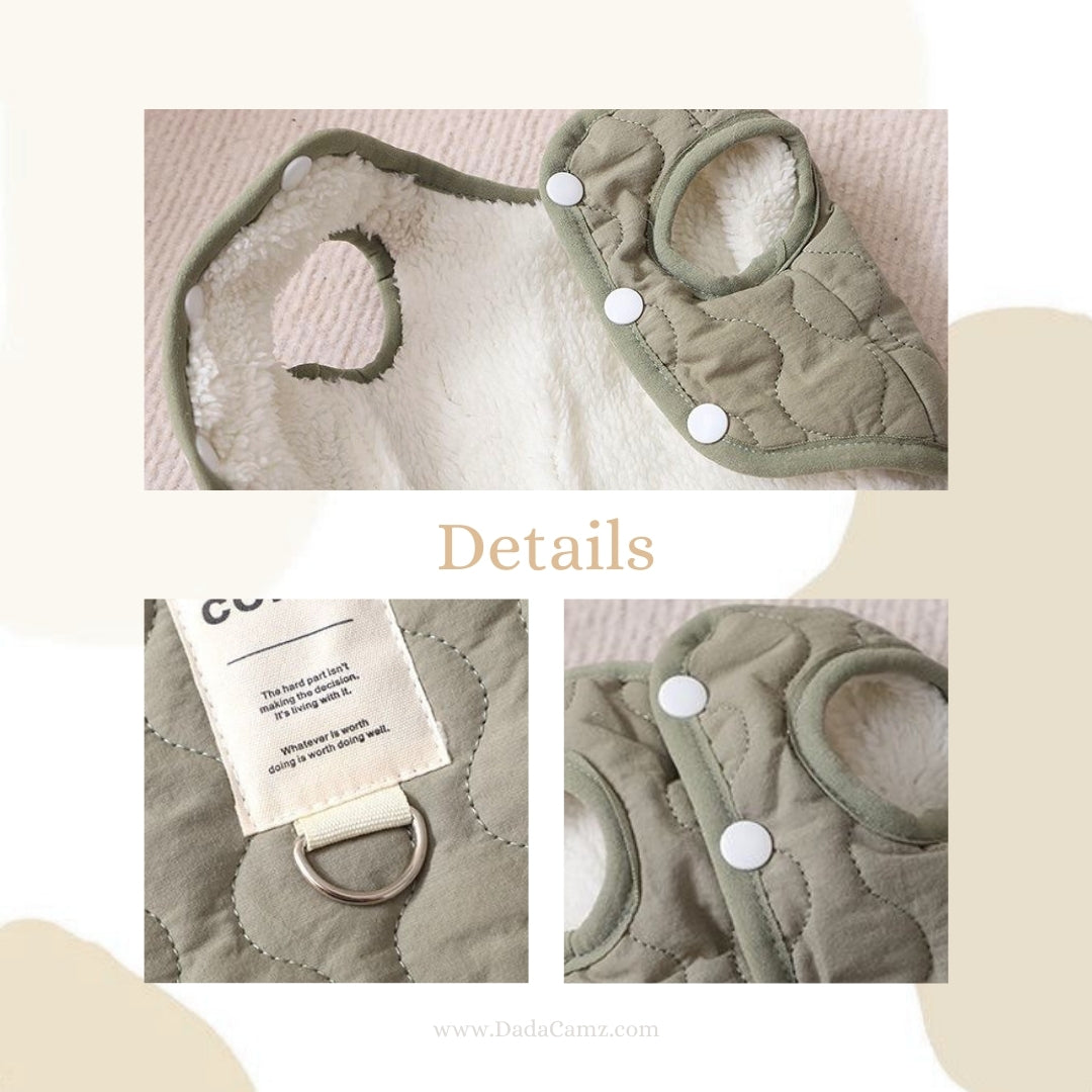 Minimalist Quilted Pet Jacket with Leash Ring – Fleece-Lined Winter Coat for Small & Medium Dogs & Cats (Army Green, Off-White)