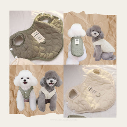 Minimalist Quilted Pet Jacket with Leash Ring – Fleece-Lined Winter Coat for Small & Medium Dogs & Cats (Army Green, Off-White)