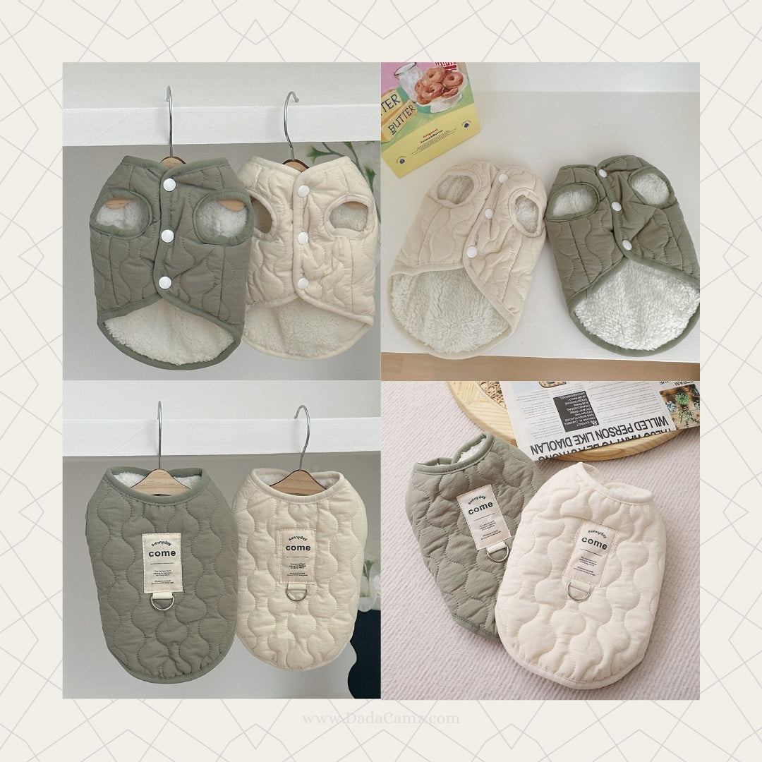 Minimalist Quilted Pet Jacket with Leash Ring – Fleece-Lined Winter Coat for Small & Medium Dogs & Cats (Army Green, Off-White)