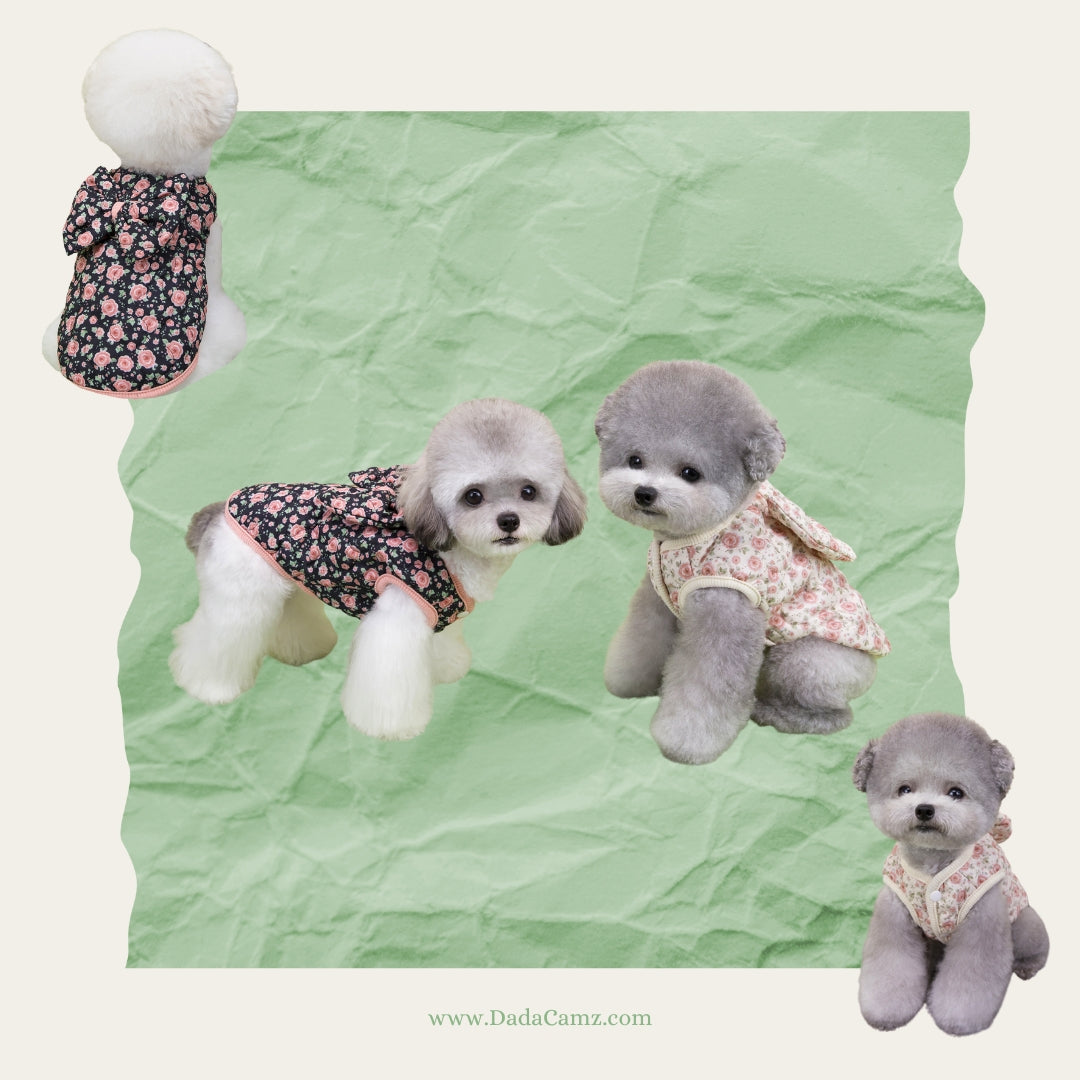 Korean & Japanese Style Floral Padded Pet Vest with Leash Ring – Sleeveless Winter Jacket for Small & Medium Dogs & Cats (Black, Off-White)