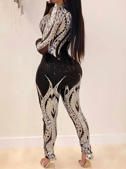 Sexy Long sleeve Sequin bodycon jumpsuit party nightclub jumpsuits