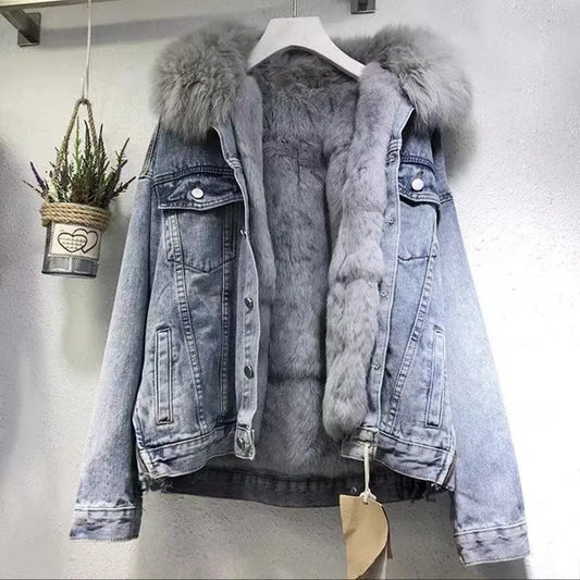 Thickened Fur Collar Denim Coat Windproof Jacket