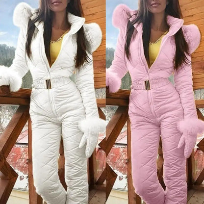 Warm Skiing Zipper Hooded Women Jumpsuit Fleece Jumpsuit