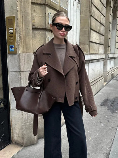 Chic Short Woolen Coat Lapel Double-breasted Coats