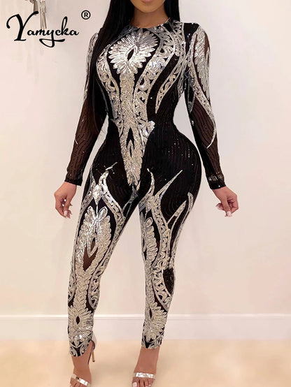 Sexy Long sleeve Sequin bodycon jumpsuit party nightclub jumpsuits